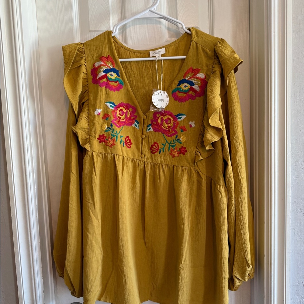 ODDY Mustard Blouse with Floral Embroidery